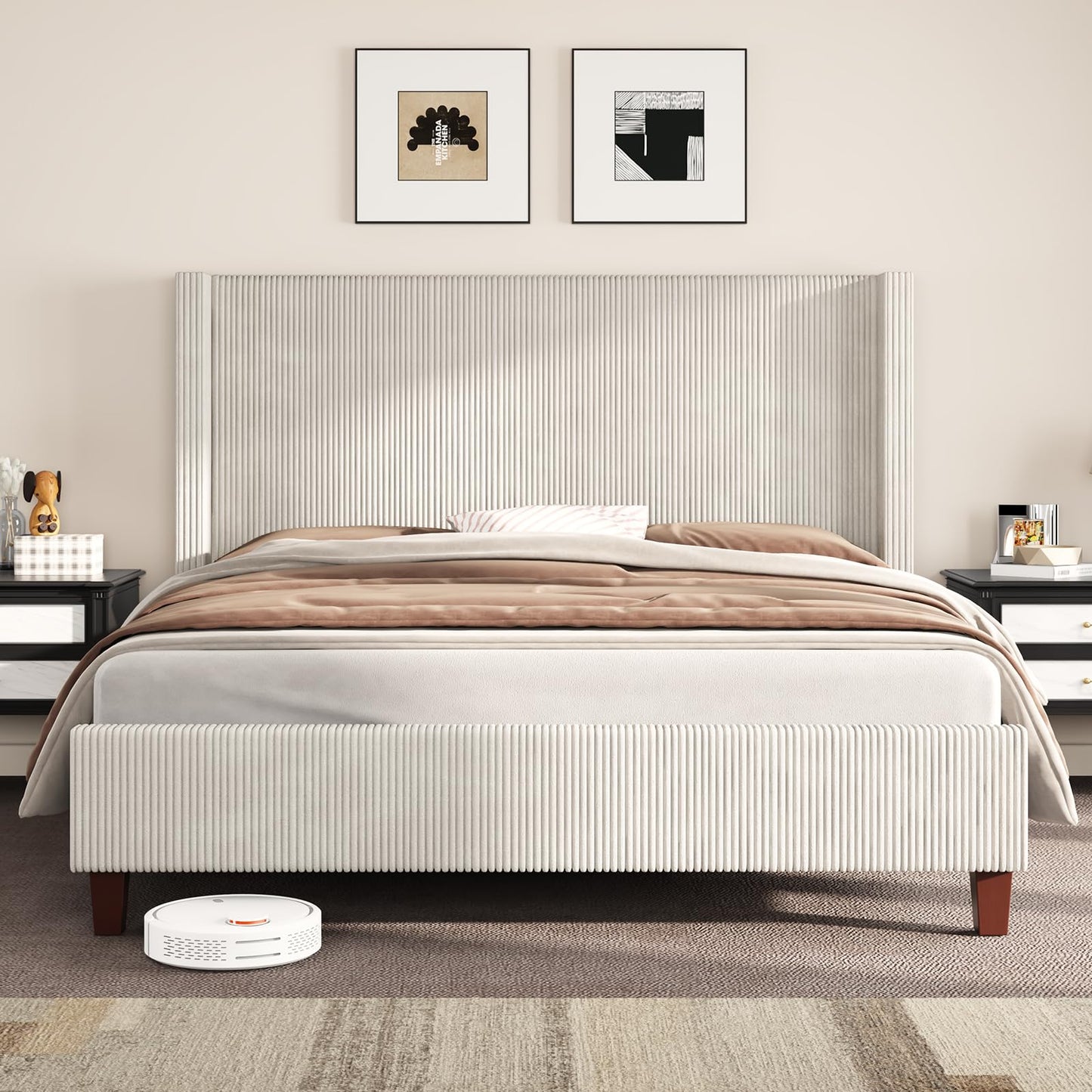 AMERLIFE California King Size Upholstered Bed Frame with 50.8" Tall Headboard, Wingback Platform Bed with Solid Wood Legs, Wooden Slats, Corduroy/No Box Spring Needed/Noise Free/Cream