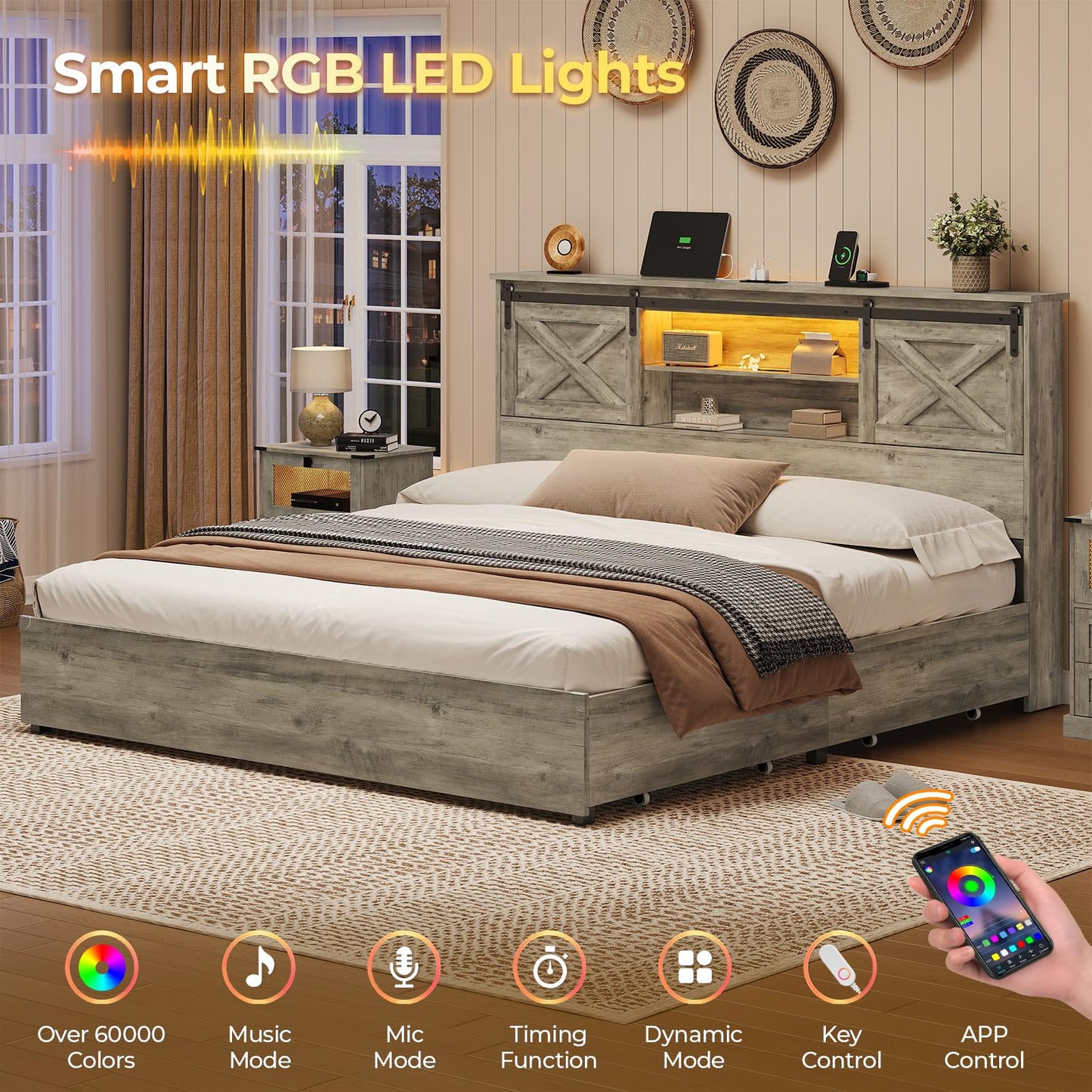 Hasuit Farmhouse Bed Frame California King Size with 4 Storage Drawers, Wooden Platform Cal King Beds with Charging Station and LED Lights, Rustic Bed with Storage Headboard and Sliding Barn Door