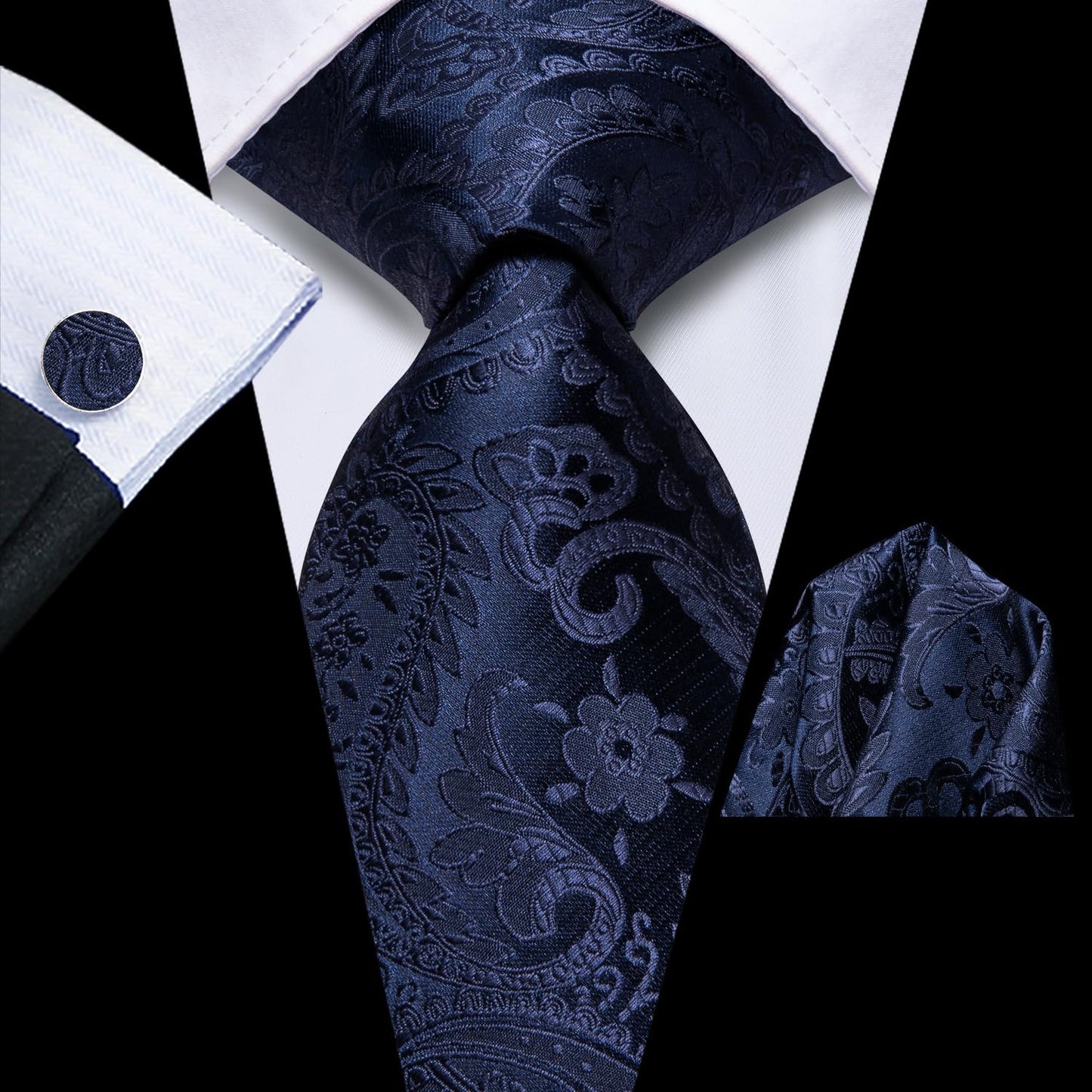 Hi-Tie 70'' Navy Ties for Men Silk Paisley Extra Long Mens Ties Set Dress Necktie and Pocket Square Cufflink for Wedding