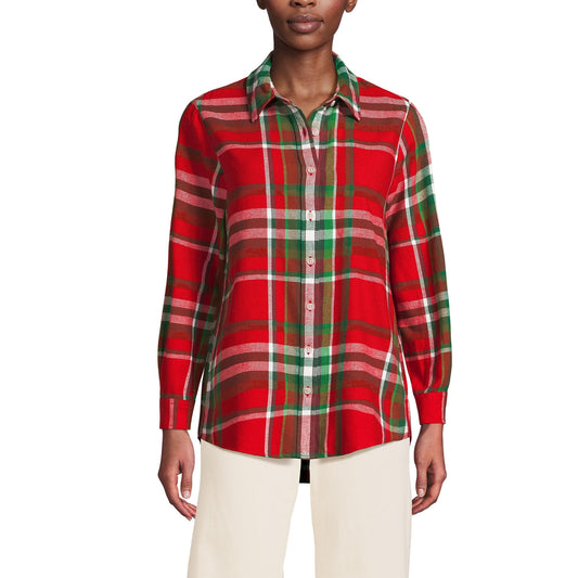 Lands' End Womens Flannel Boyfriend Long Sleeve Shirt Compass Red/Emerald Plaid Tall Large