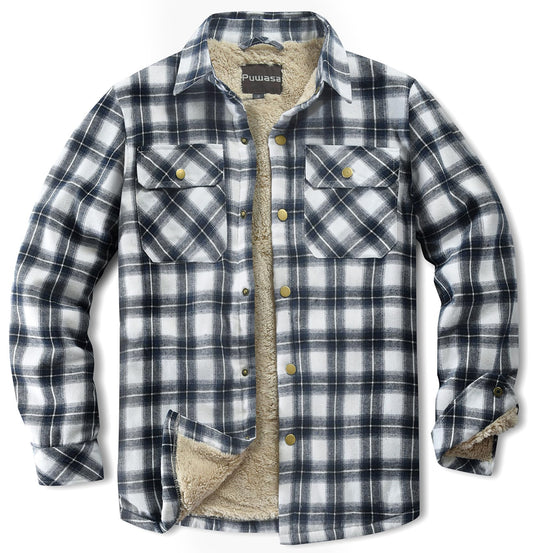 Puwasa Men's Sherpa Lined Cotton Flannel Shirt Jacket Plaid Button Up Jacket Coat for Men with Pocket Blue Large Tall