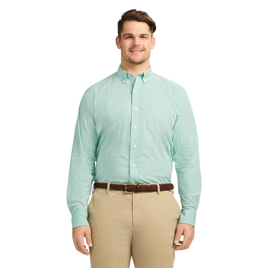 IZOD Men's Big and Tall Performance Comfort Long Sleeve Gingham Button Down Shirt, Beryl Green