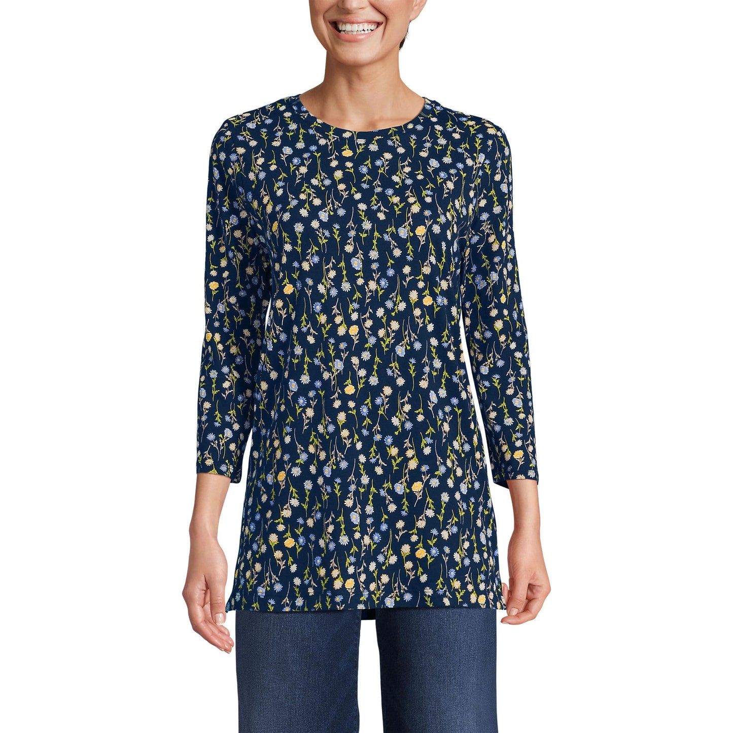Lands' End Womens 3Q Cotton Supima Crew Neck Tunic Deep Sea Navy Multi Daisy Tall Small
