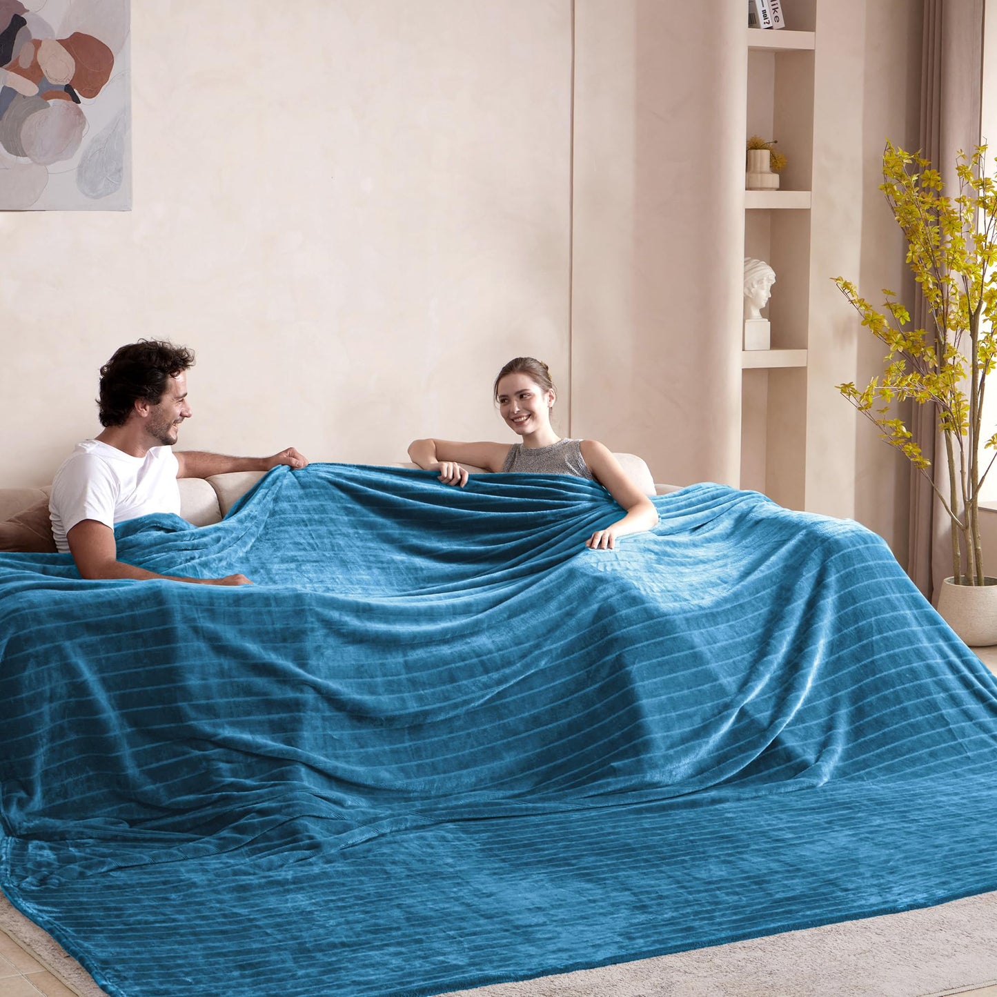 Serenhom Extra Large 120x120 Inch Giant Soft Cozy Fleece Blanket, Huge Oversized Seamless King 3D Jacquard Decorative California King Blanket for Bed, Couch, Travel - Striped Teal