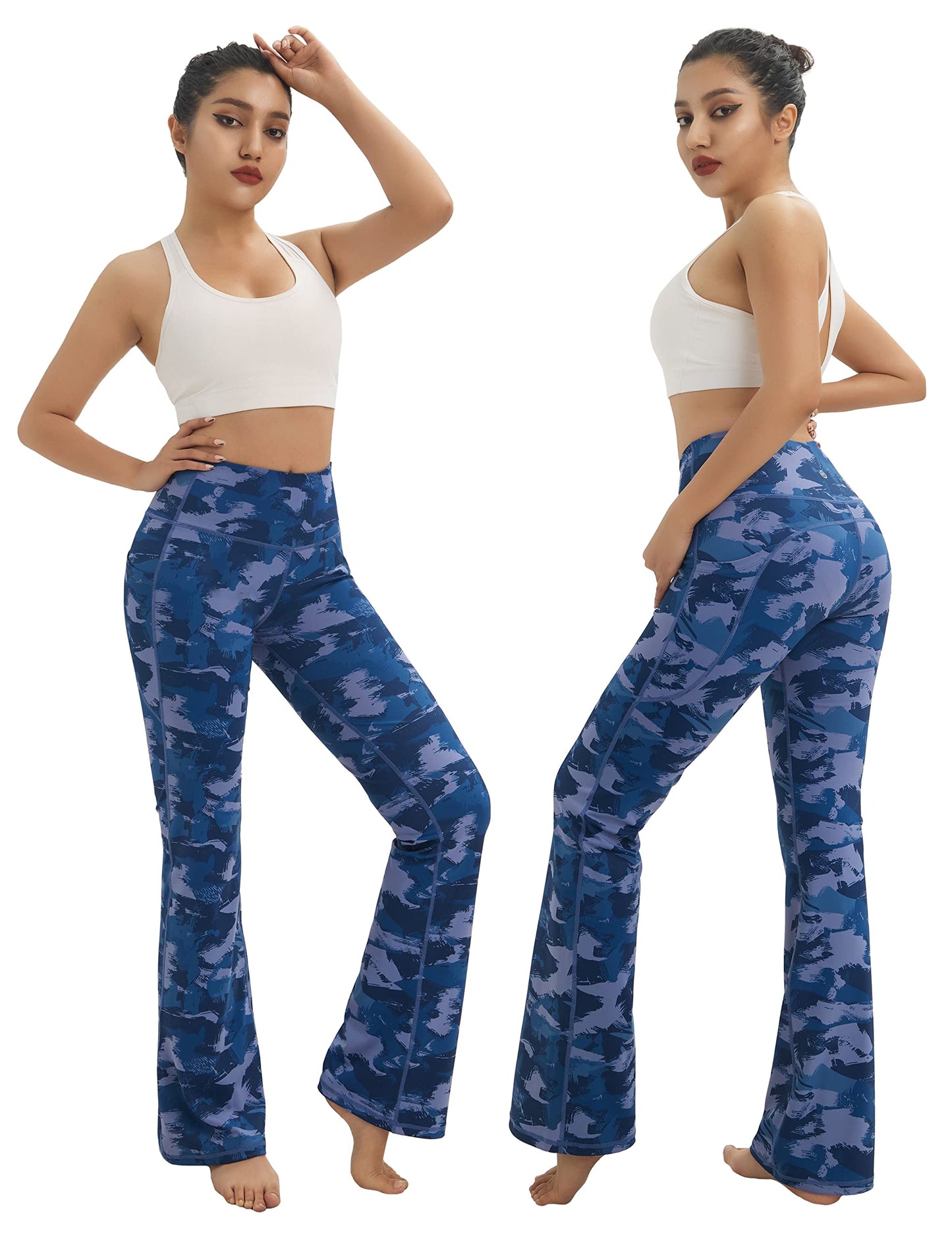 BUBBLELIME 29"/31"/33"/35" 4 Styles Women's Tummy Control Bootcut Yoga Pants - Side Pockets_Navy BRUSHCAMO XL-37 Inseam