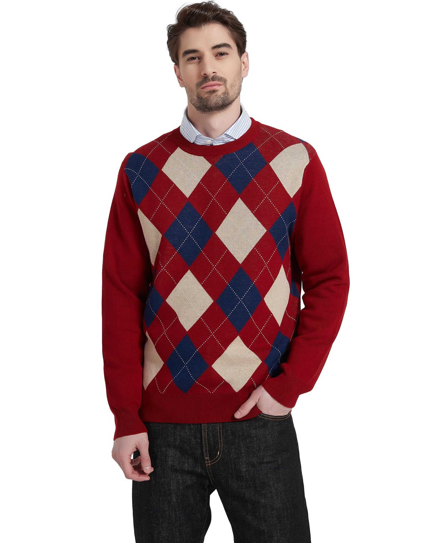 Kallspin Men's Wool Blend Crewneck Sweater Argyle Long Sleeve Pullover Sweater for Casual Or Dressy Wear(Burgundy Red,3XL-Tall)