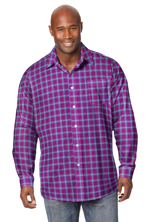 KingSize Men's Big & Tall The No-Tuck Casual Shirt - 5XL, Dark Magenta Plaid