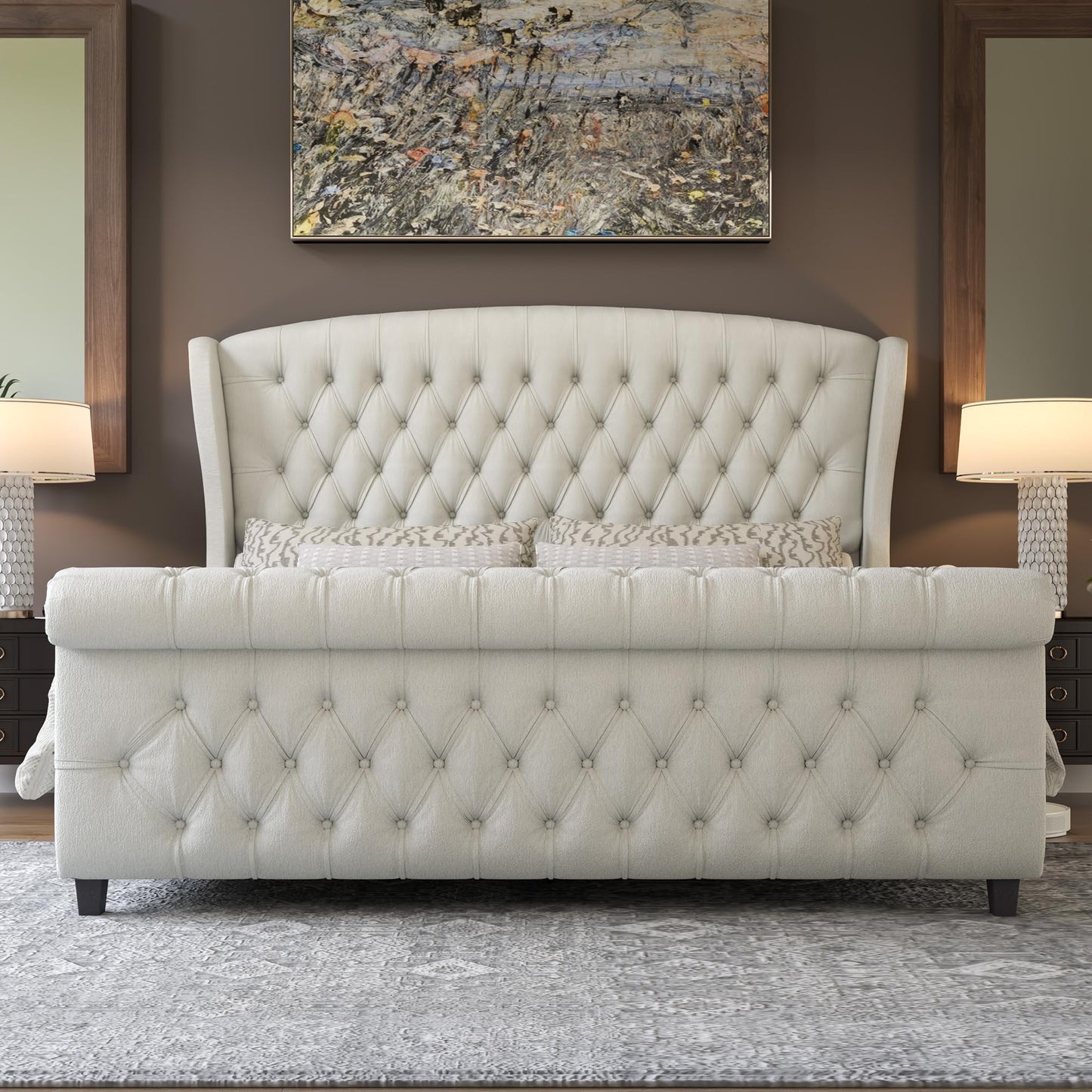 AMERLIFE California King Size Platform Bed Frame, Velvet Upholstered Sleigh Bed with Scroll Wingback Headboard & Footboard/Button Tufted/No Box Spring Required/Cream