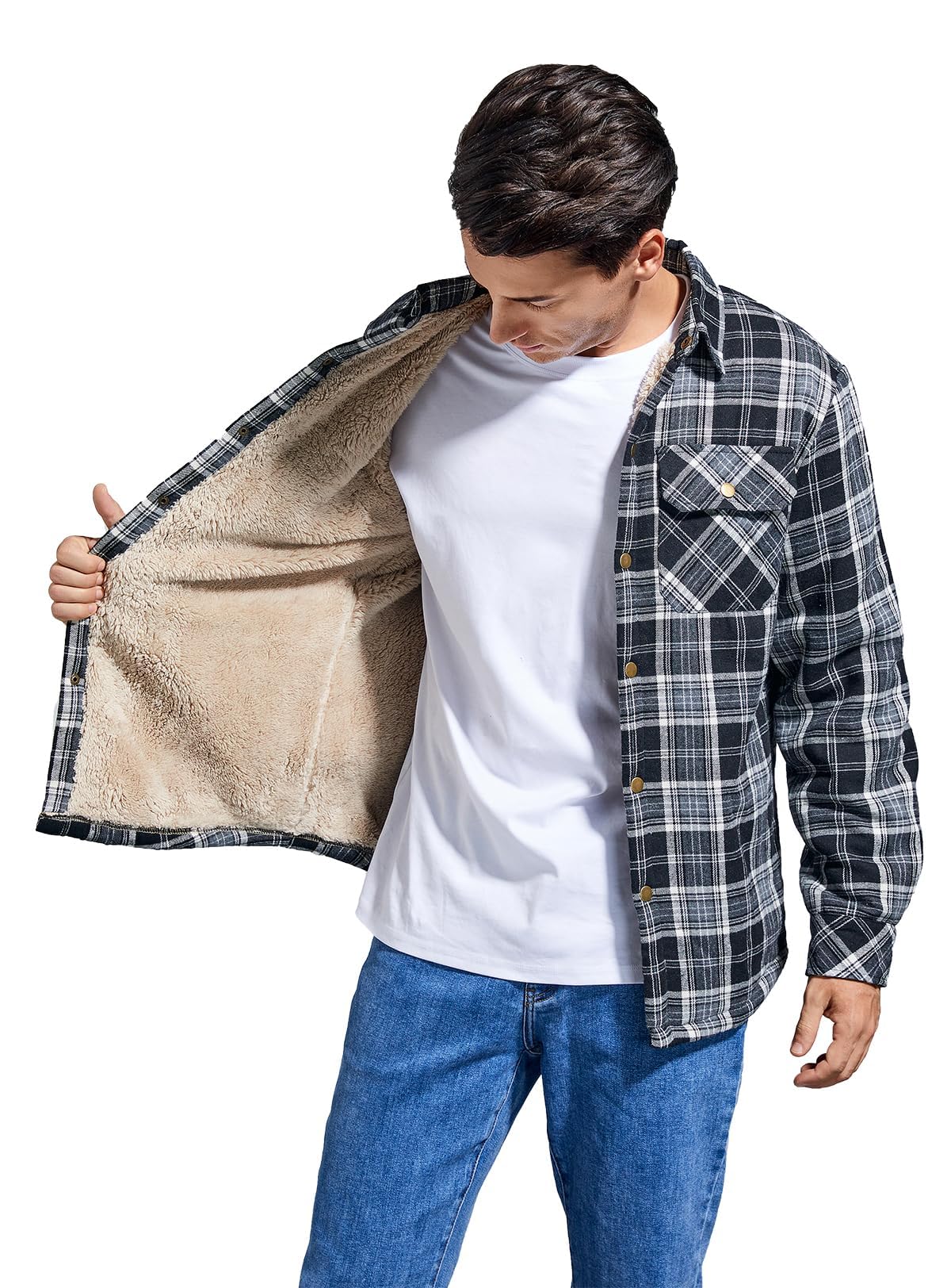 Puwasa Men's Cotton Flannel Shirt Jacket Long Sleeve Fleece Casual Button Down Plaid Jacket Brushed Soft Outdoor Coat with Pocket Black X-Large Tall