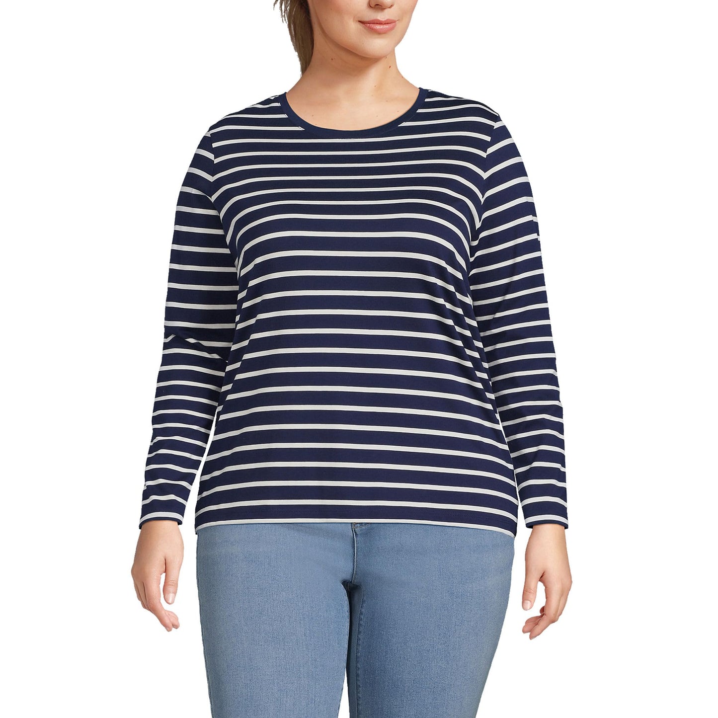 Lands' End Womens Long Sleeve Relaxed Supima Cotton Crew Neck T Shirt Deep Sea Navy Breton Stripe Tall Small