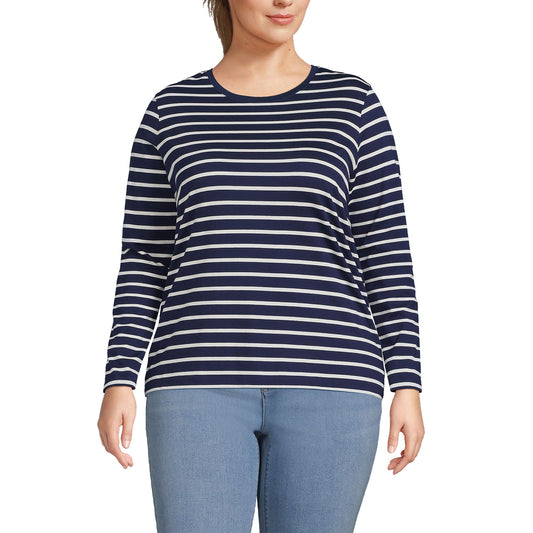 Lands' End Womens Long Sleeve Relaxed Supima Cotton Crew Neck T Shirt Deep Sea Navy Breton Stripe Tall Medium