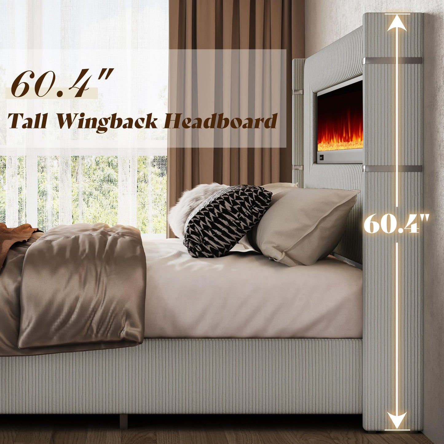 AMERLIFE Modern California King Size Bed Frame with Fireplace, Wingback Platform Bed Frame with 60.4“ Extra Tall Headboard, Corduroy Upholstered Bed Frame Wooden Slats/No Box Spring Needed, Greige