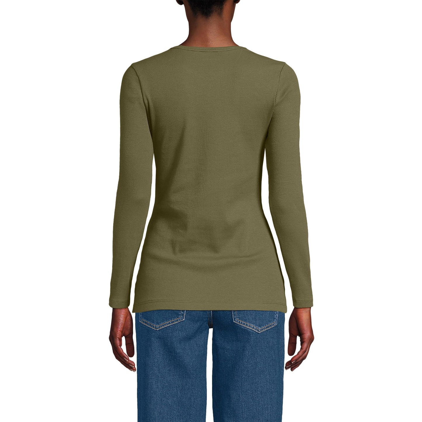 Lands' End Womens Long Sleeve Micro Rib Crew Olive Drab Tall Large