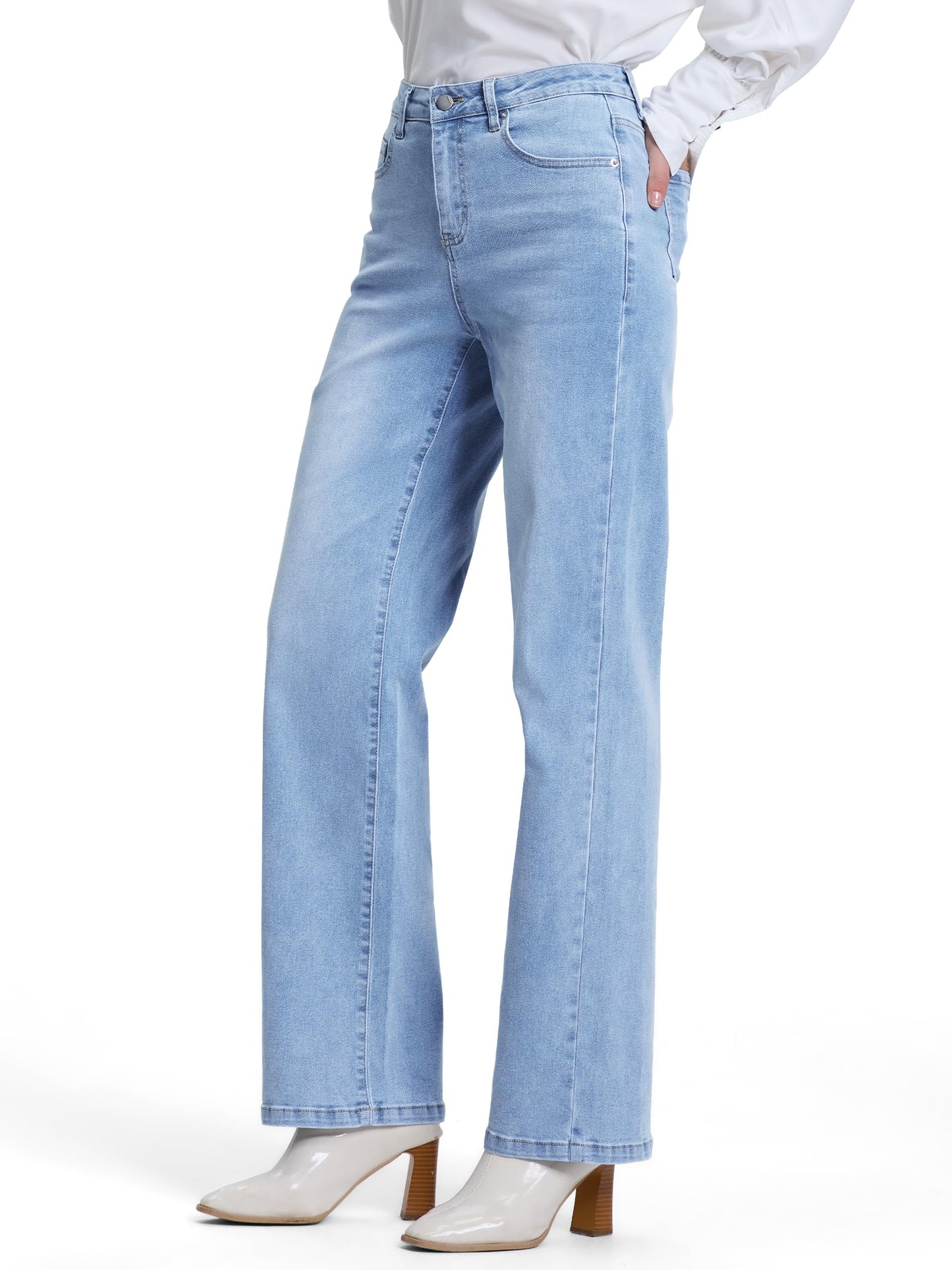 SEVEGO Women's 32"/34"/36" Tall Straight Leg Jeans Mid Waisted Stretchy Loose Denim Pants Casual Baggy Jean Trousers 32'', Light Blue, S