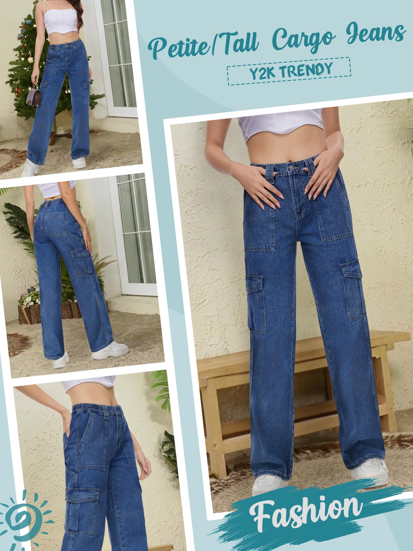 Tapata Women's 26"/28"/30"/32"/34" Cargo Jeans Straight Leg Short Petite Regular Tall Denim Y2K Pants Deep Blue, L