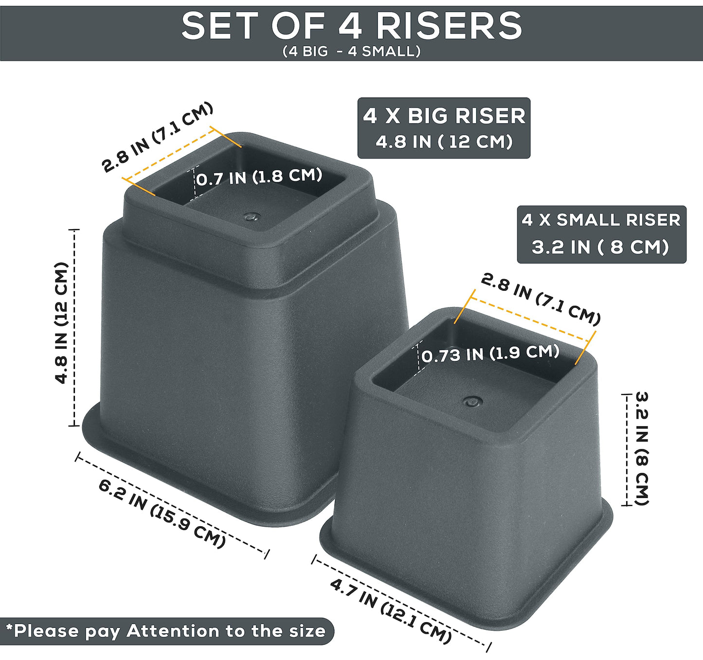 Utopia Bedding Adjustable Bed Furniture Risers - Elevation in Heights 3, 5 or 8 Inch Heavy Duty Risers for Beds - Supports up to 1,300 lbs - (Set of 4 Riser, Grey)