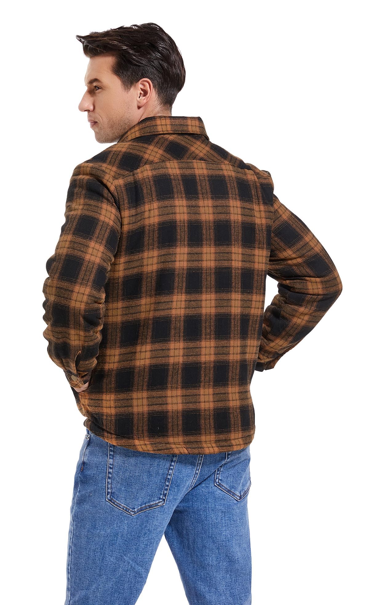 Puwasa Men's Sherpa Lined Cotton Flannel Shirt Jacket Plaid Button Up Jacket Coat for Men with Pocket Orange Large Tall