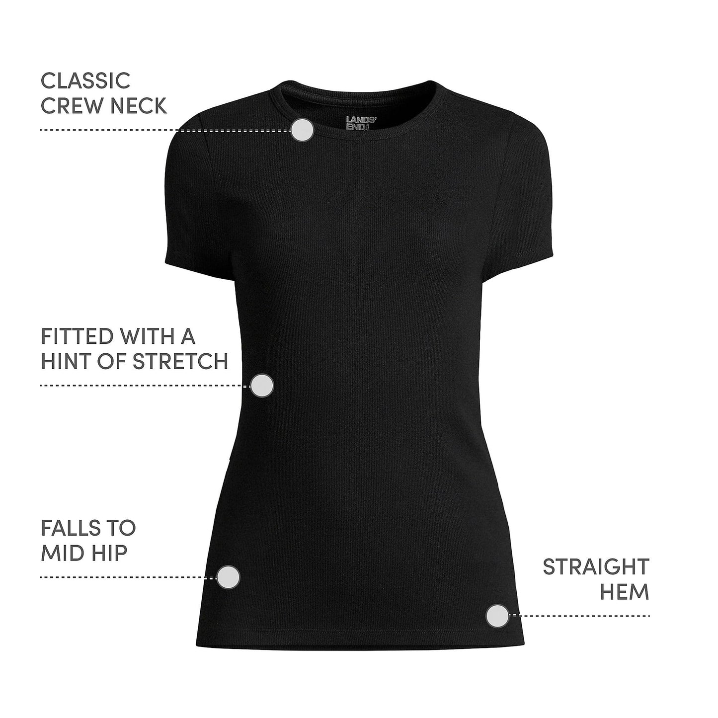 Lands' End Womens Short Sleeve Micro Rib Crew Black Tall Large