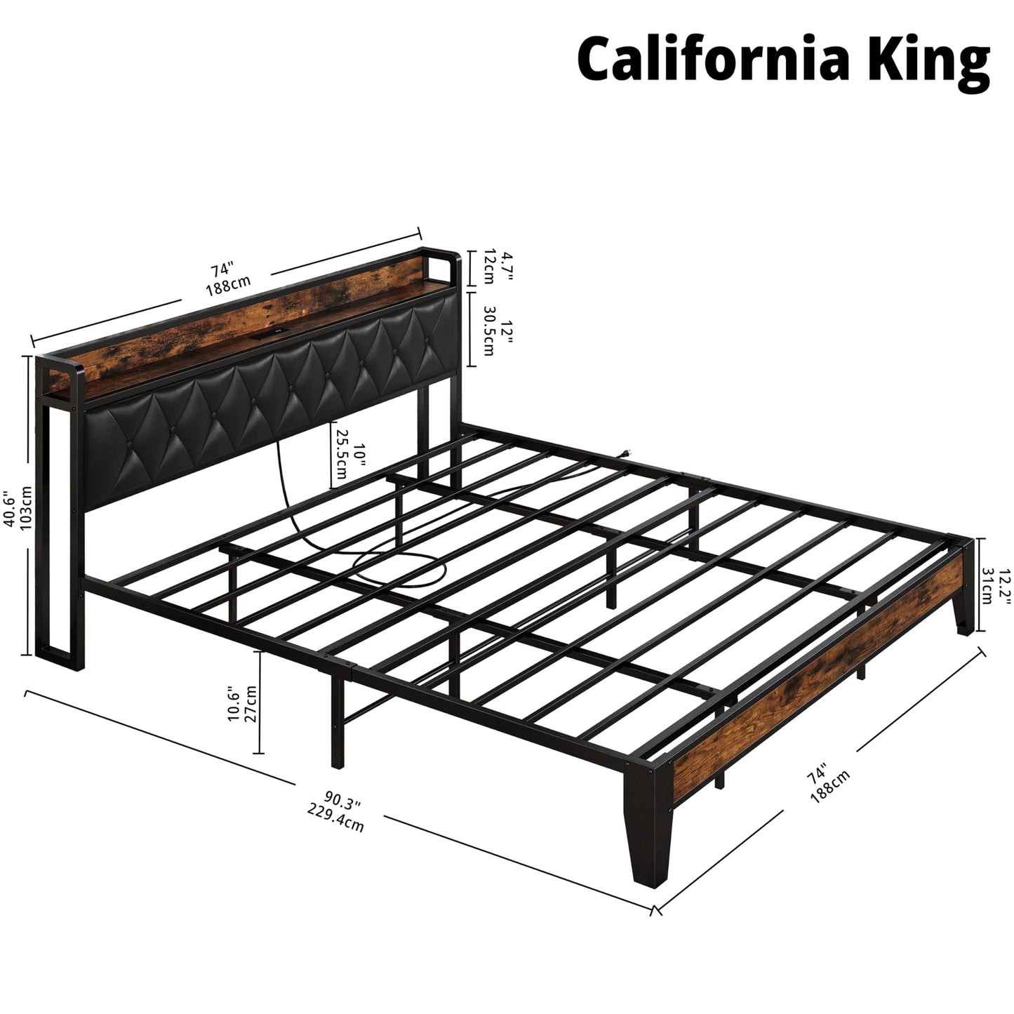 ANCTOR California King Bed Frames, Storage Headboard with Outlets, Easy to Install, Sturdy and Stable, No Noise, No Box Springs Needed, Rustic Brown and Black