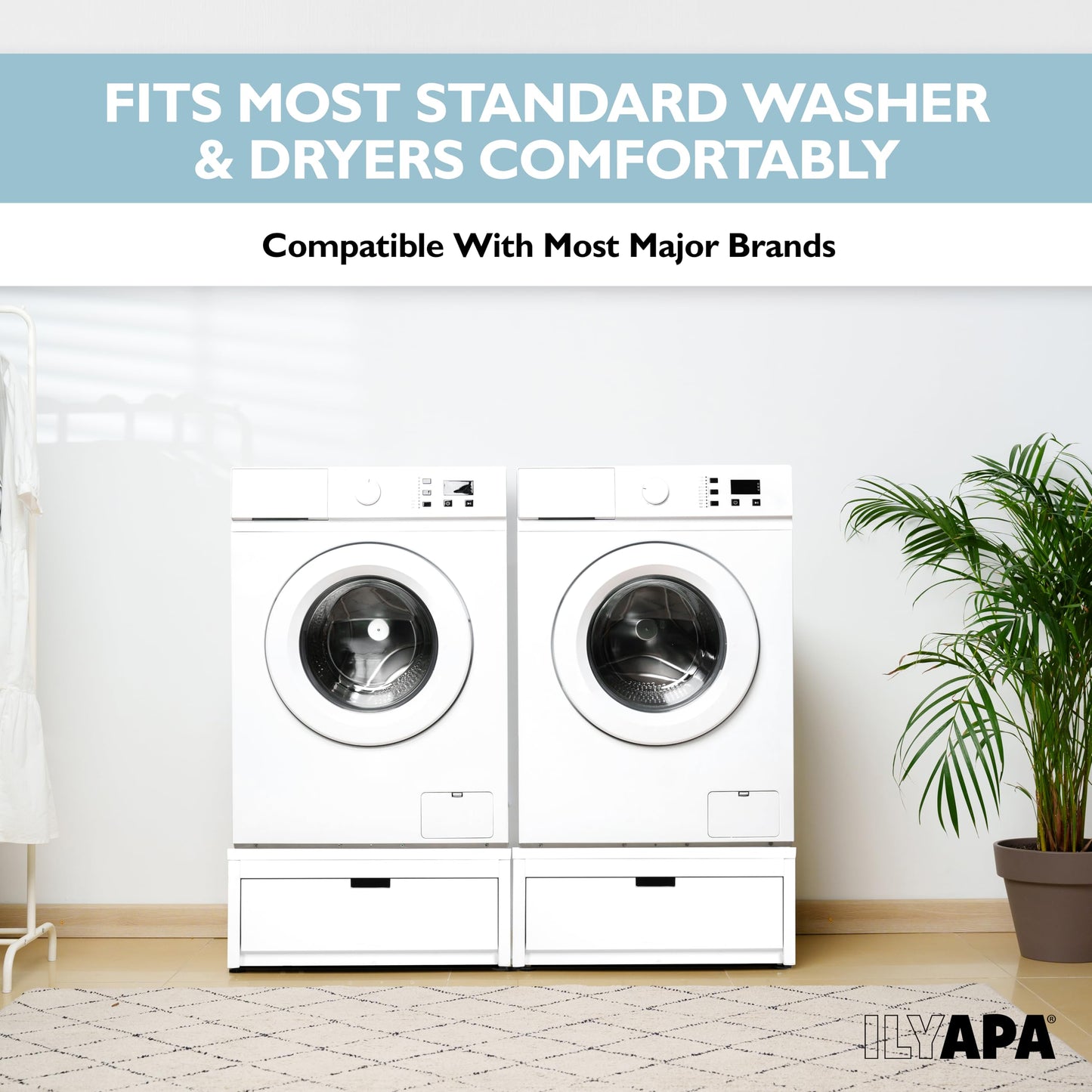 Ilyapa Washer and Dryer Stand - Universal Wooden Laundry Pedestal with Drawer - Compatible with Samsung, LG, GE, Maytag - 28x28x16 in. Patent Pending