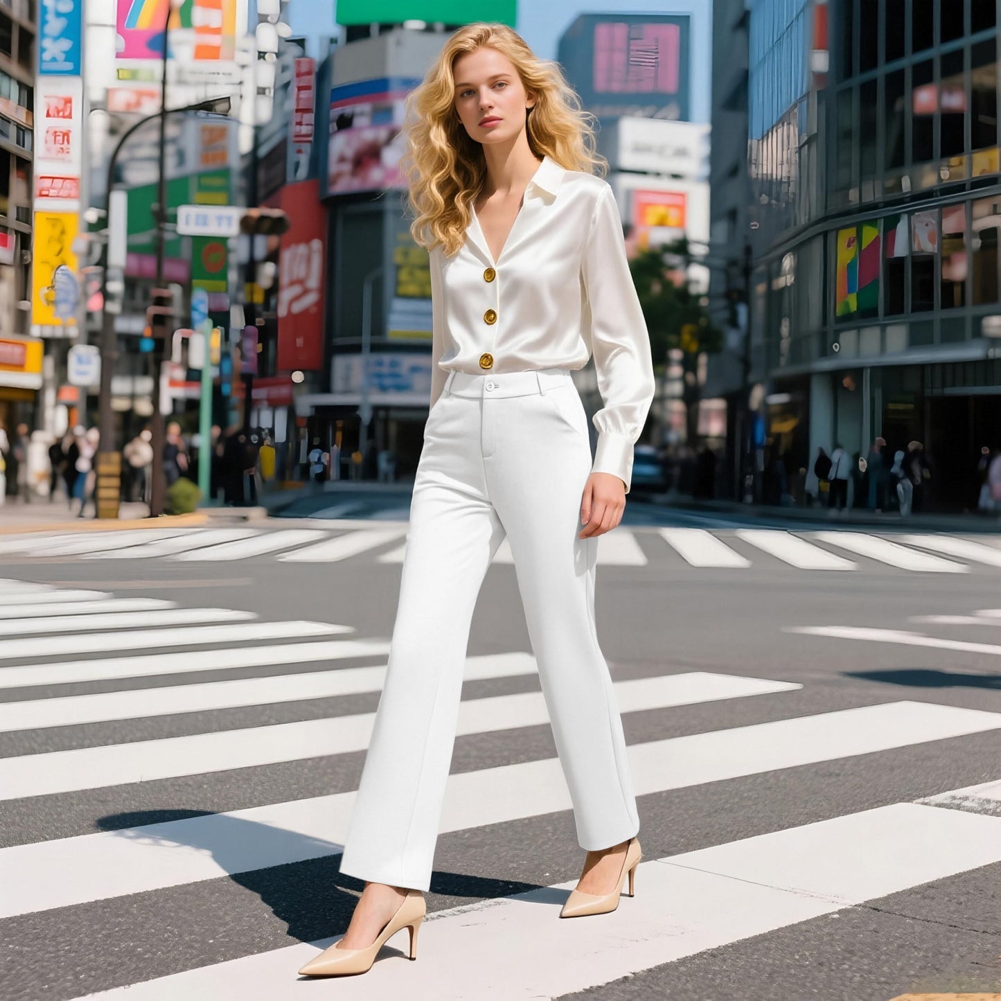 iChosy Womens High Waist Wide Straight Leg Trousers Casual Slacks Dress Pants with Pockets Blueish White 14 Tall