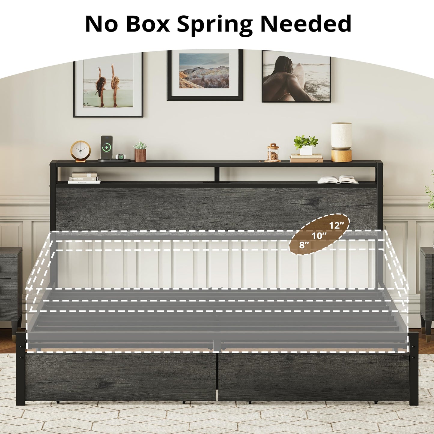 LIKIMIO California King Bed Frame with Storage Headboard, Platform Bed with Drawers and Charging Station, No Box Spring Needed, Easy Assembly, Charcoal Grey