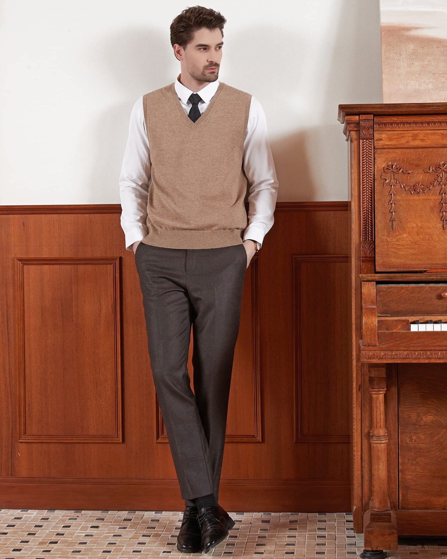 Kallspin Men's Big & Tall Wool Blended Vest Sweater Relaxed Fit V Neck Sleeveless Knitted Pullover (Coffee 3XL-Tall)