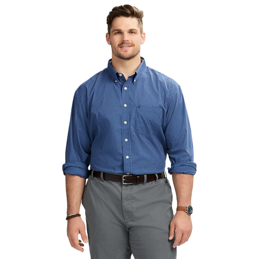 IZOD Men's Big and Tall Performance Comfort Long Sleeve Gingham Button Down Shirt, Ebb and Flow