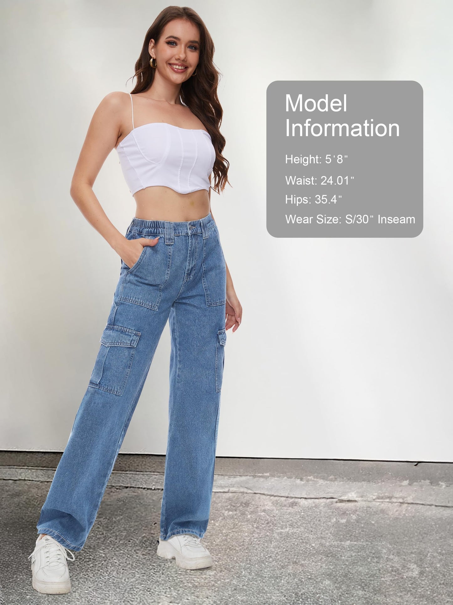 Tapata Women's 26"/28"/30"/32"/34" Cargo Jeans Straight Leg Short Petite Regular Tall Denim Relaxed Y2K Pants Blue, M