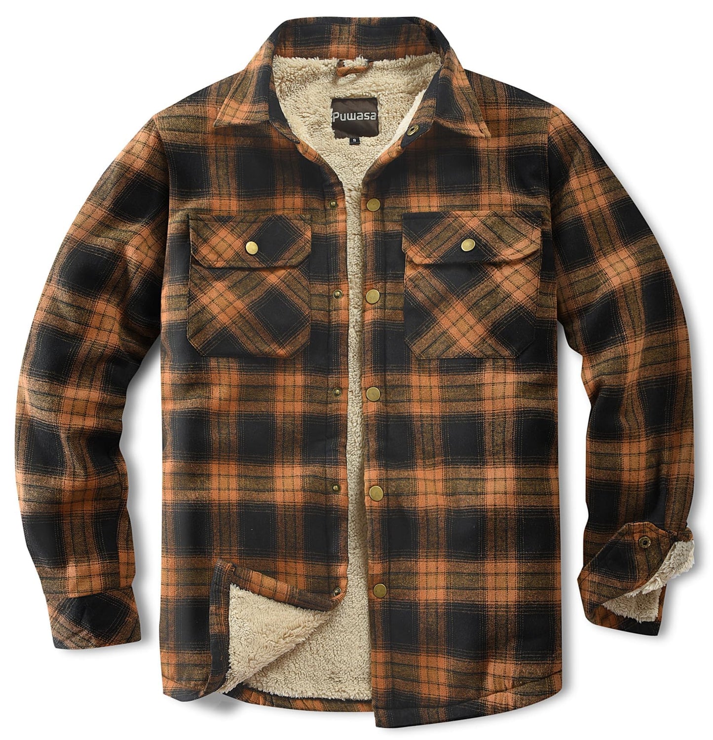 Puwasa Men's Sherpa Lined Cotton Flannel Shirt Jacket Plaid Button Up Jacket Coat for Men with Pocket Orange Large Tall