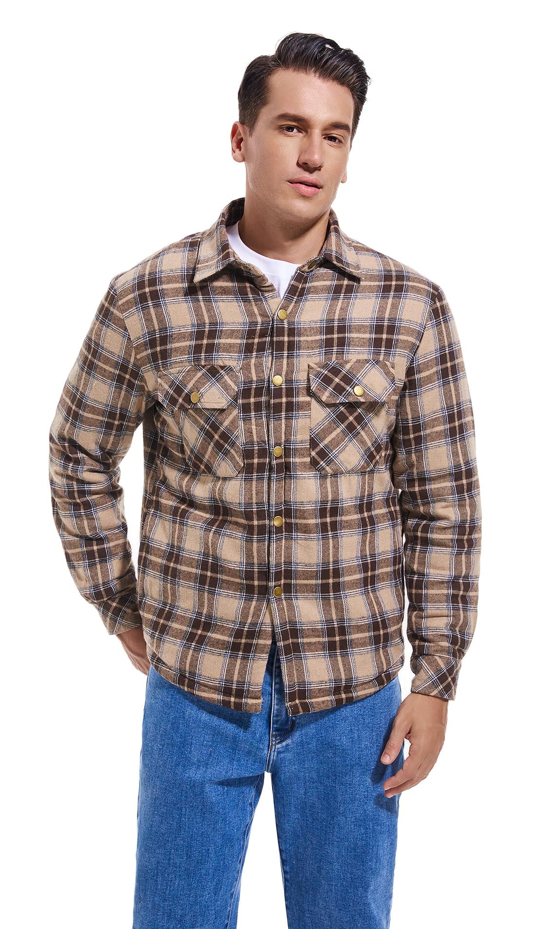 Puwasa Men's Fleece Lined Plaid Flannel Shirt Jacket Long Sleeve Soft Button Down Coat for Men Khaki X-Large Tall