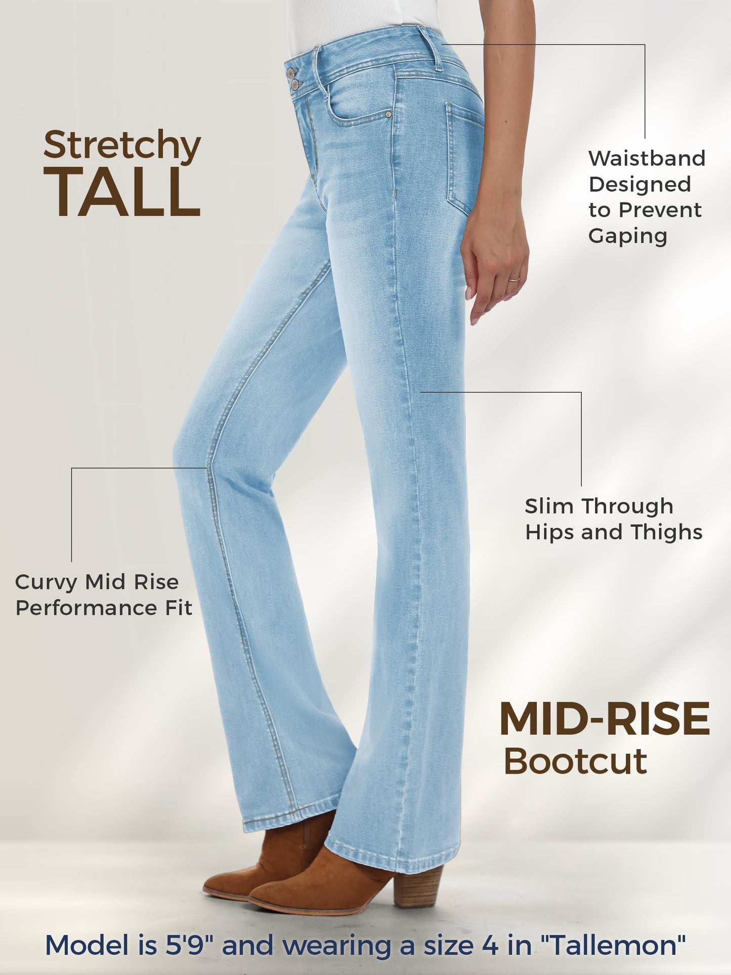Tallemon Tall Women's Bootcut Jeans Curvy Mid-Rise Stretchy Denim Pants Classic Bell Bottom Trouser,38",Light Blue,6