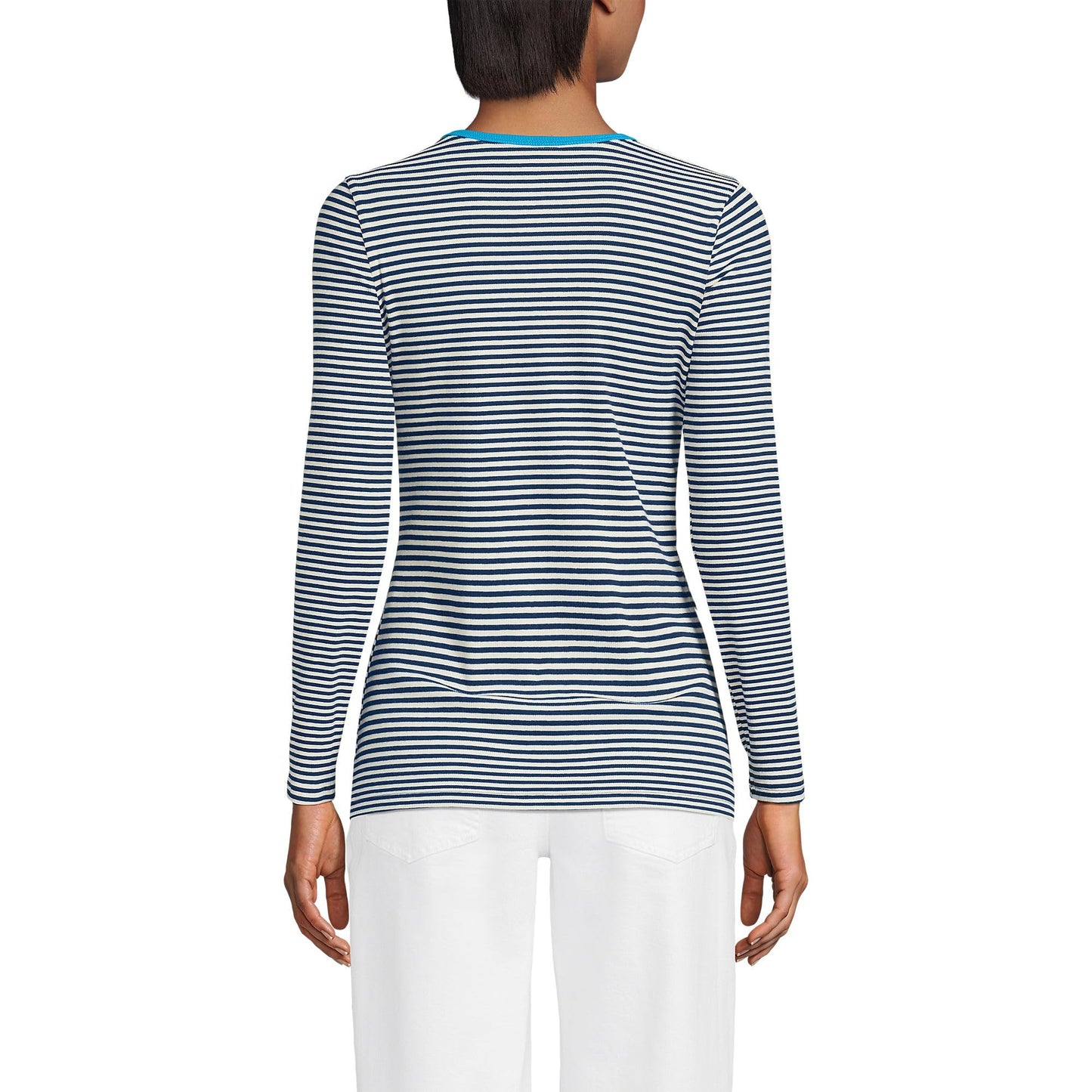 Lands' End Womens Long Sleeve Micro Rib Crew Deep Sea Navy Tiny Stripe Tall Large
