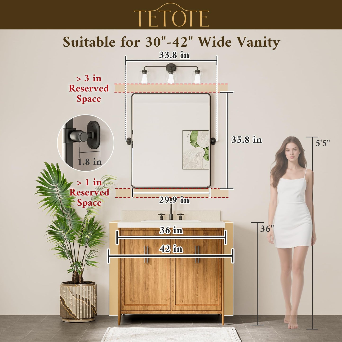 TETOTE Pivot Bathroom Mirror Brushed Nickel 30 x 36 Tilting Beveled Rectangle Metal Framed Mirror, Farmhouse Adjustable Tilt Rounded Corner Vanity Mirror, Horizontal/Vertical, Easy to Install