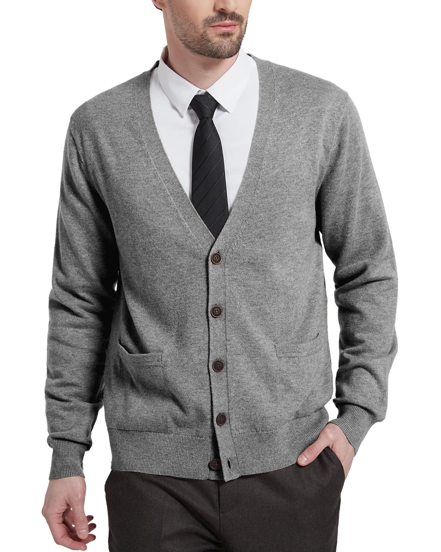 Kallspin Men's Tall Cardigan Sweaters Wool Blend V Neck Button Down Sweaters with Pockets(Light Grey, 2XL-Tall)