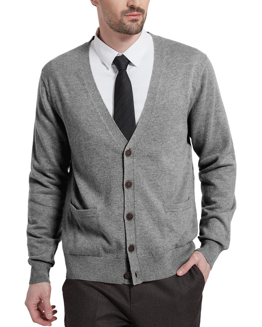 Kallspin Men's Tall Cardigan Sweaters Wool Blend V Neck Button Down Sweaters with Pockets(Light Grey, 2XL-Tall)