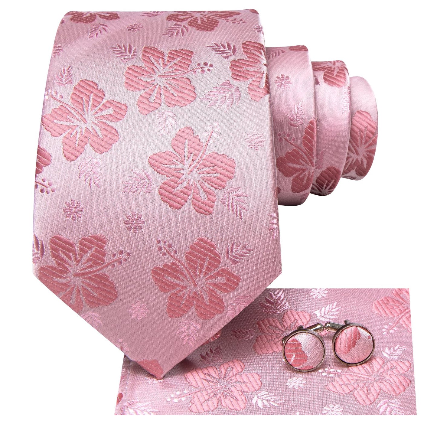Hi-Tie 70'' Extra Long Ties for Men Silk Pink Mens Long Ties Set Floral Necktie and Pocket Square Cufflink for Wedding
