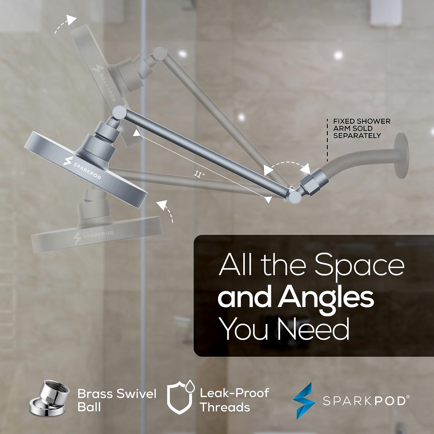 SparkPod Round Rain Shower Head with Extension Arm - Height Adjustable Shower Head with High Pressure Performance - Easy 1-Minute Installation (11" Arm Extension, Titanium Charcoal Grey)