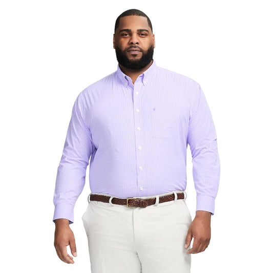 IZOD Men's Big and Tall Performance Comfort Long Sleeve Gingham Button Down Shirt, Sand Verbana