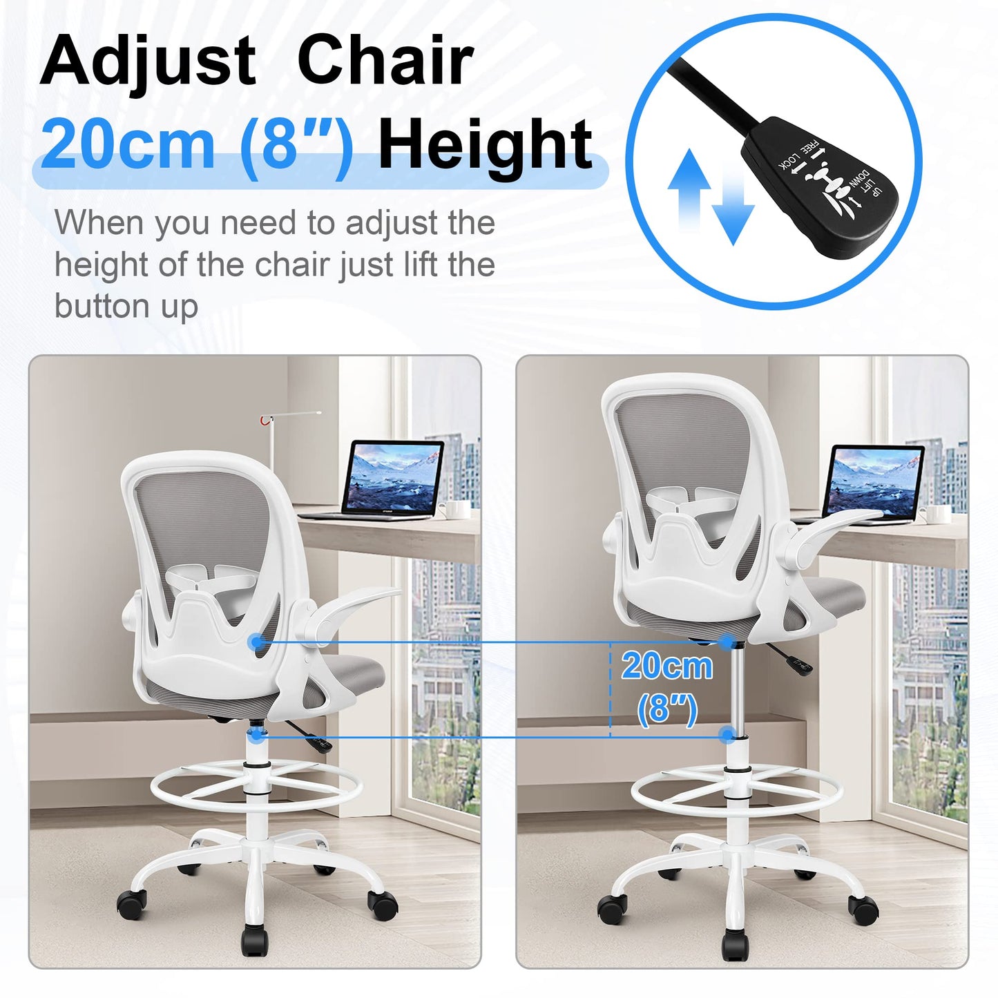 Primy Ergonomic Drafting Chair with Flip-up Armrests Tall Office Chair for Standing Desk Comfortable Desk Chair with Adjustable Footrest Ring and Lumbar Support in Gray Perfect for Home and Office Use