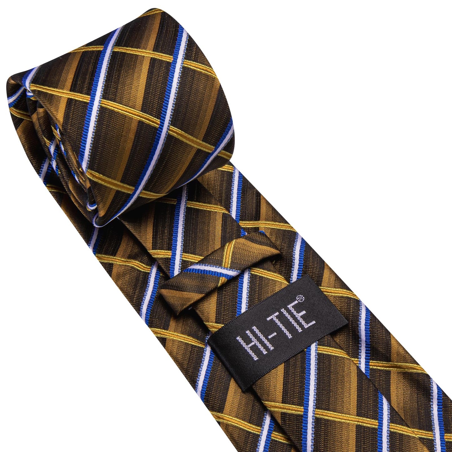 Hi-Tie 70'' Extra Long Ties for Men Silk Navy Brown Mens Ties Set and Pocket Square Cufflinks Checks Necktie for Business
