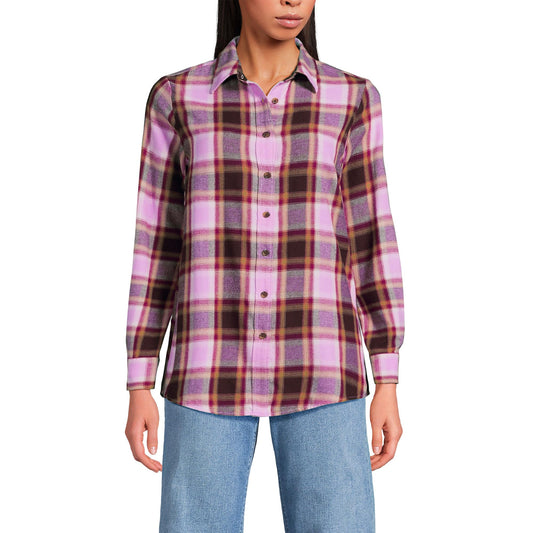 Lands' End Womens Flannel Boyfriend Long Sleeve Shirt Pink Vintage Plaid Tall Small