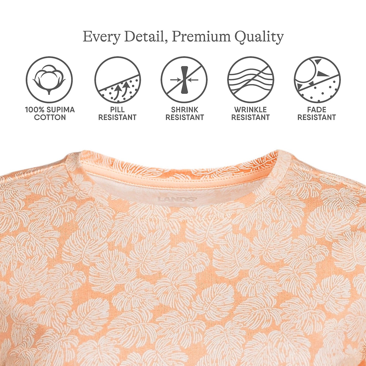 Lands' End Womens Short Sleeve Relaxed Supima Cotton Crew Neck T Shirt Orange Mist Palm Leaves Tall Large