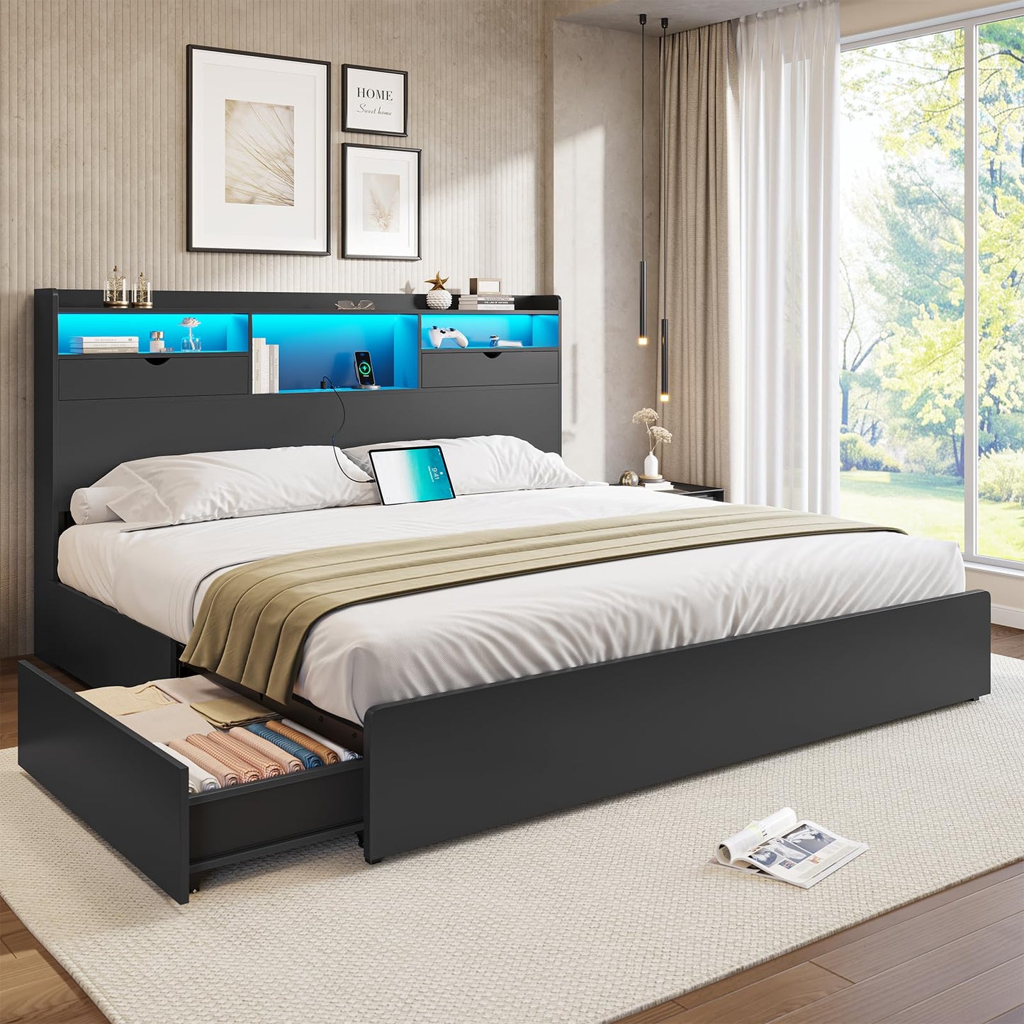 DICTAC California King Bed Frame with Bookcase Headboard and Storage, 4 Large Drawers, Wooden Platform Bed Frame with LED Lights, Charging Station, Strong Metal Slats, No Box Spring Required, No Noise