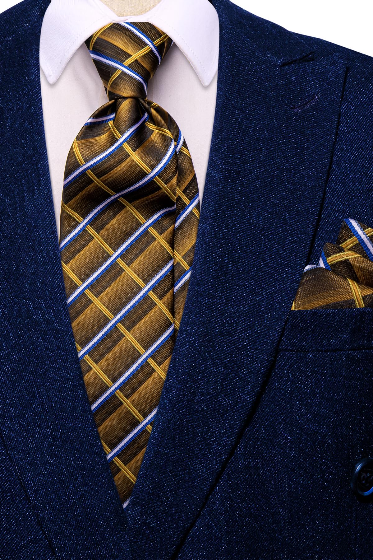 Hi-Tie 70'' Extra Long Ties for Men Silk Navy Brown Mens Ties Set and Pocket Square Cufflinks Checks Necktie for Business