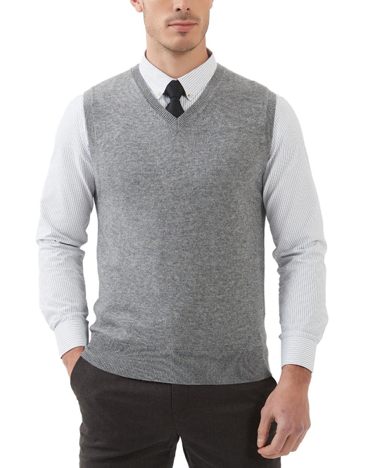 Kallspin Men's Big & Tall Wool Blended Vest Sweater Relaxed Fit V Neck Sleeveless Knitted Pullover (Light Grey L-Tall)