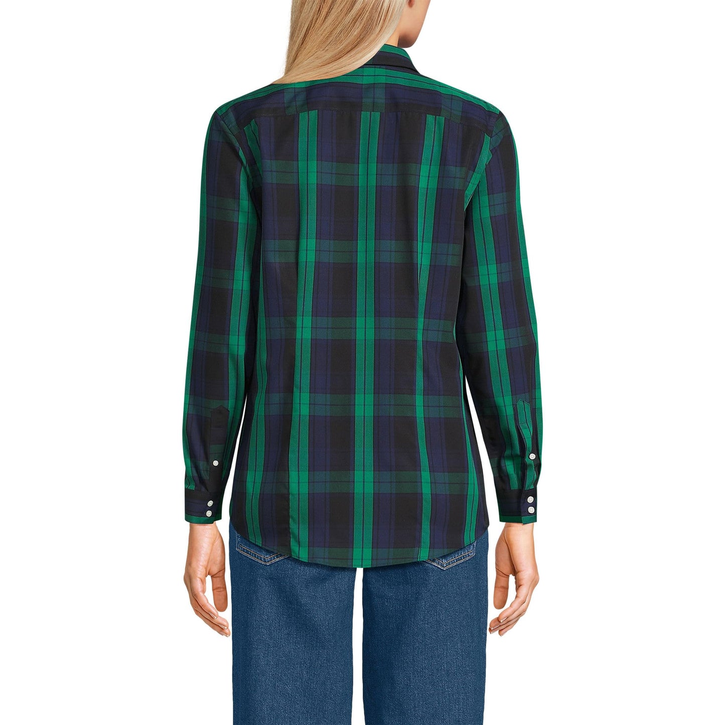 Lands' End Womens LS No Iron Button Front Shirt Rich Clover/Navy Plaid Tall 12