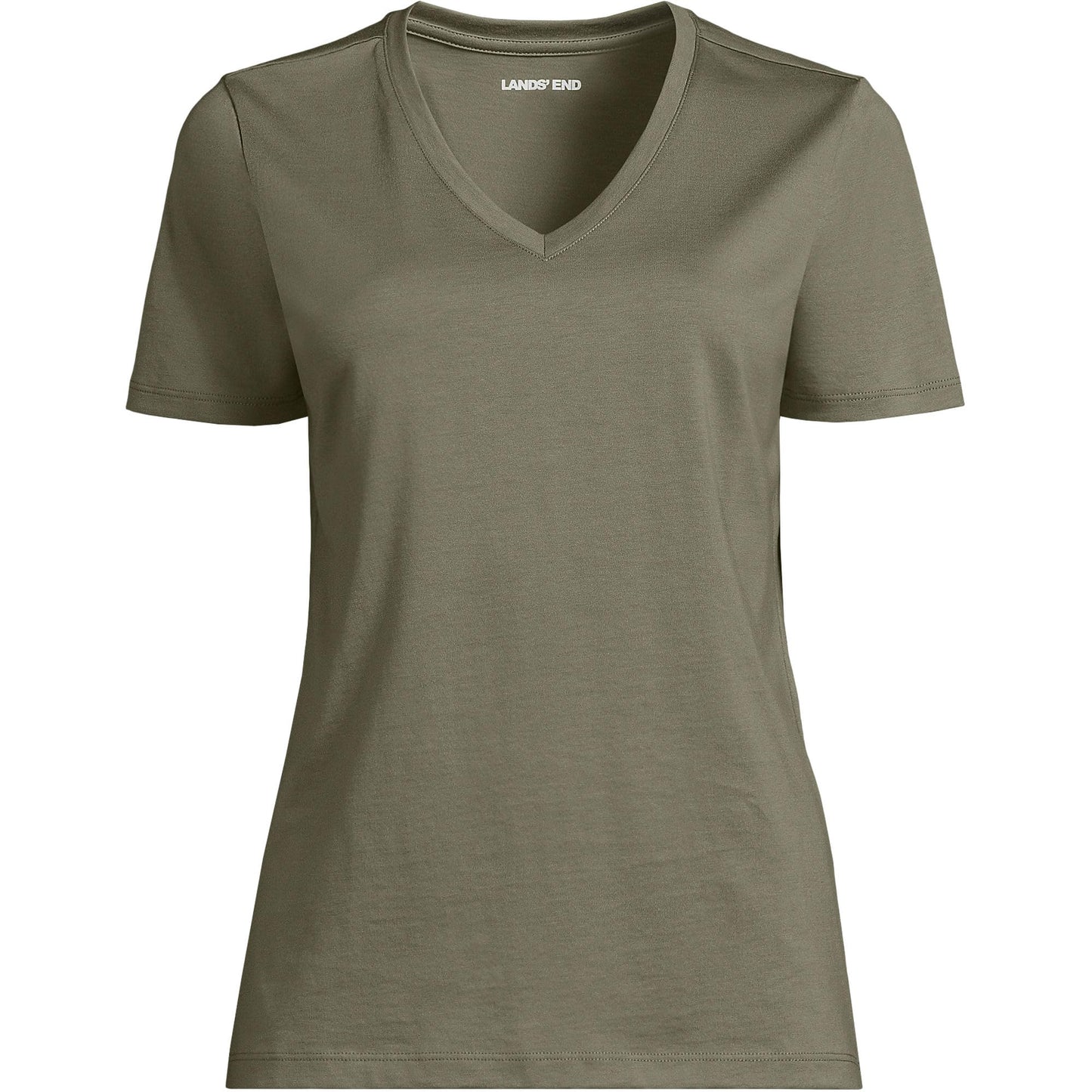 Lands' End Womens SS Relaxed Supima V Neck T Shirt Soft Olive Drab Tall Medium