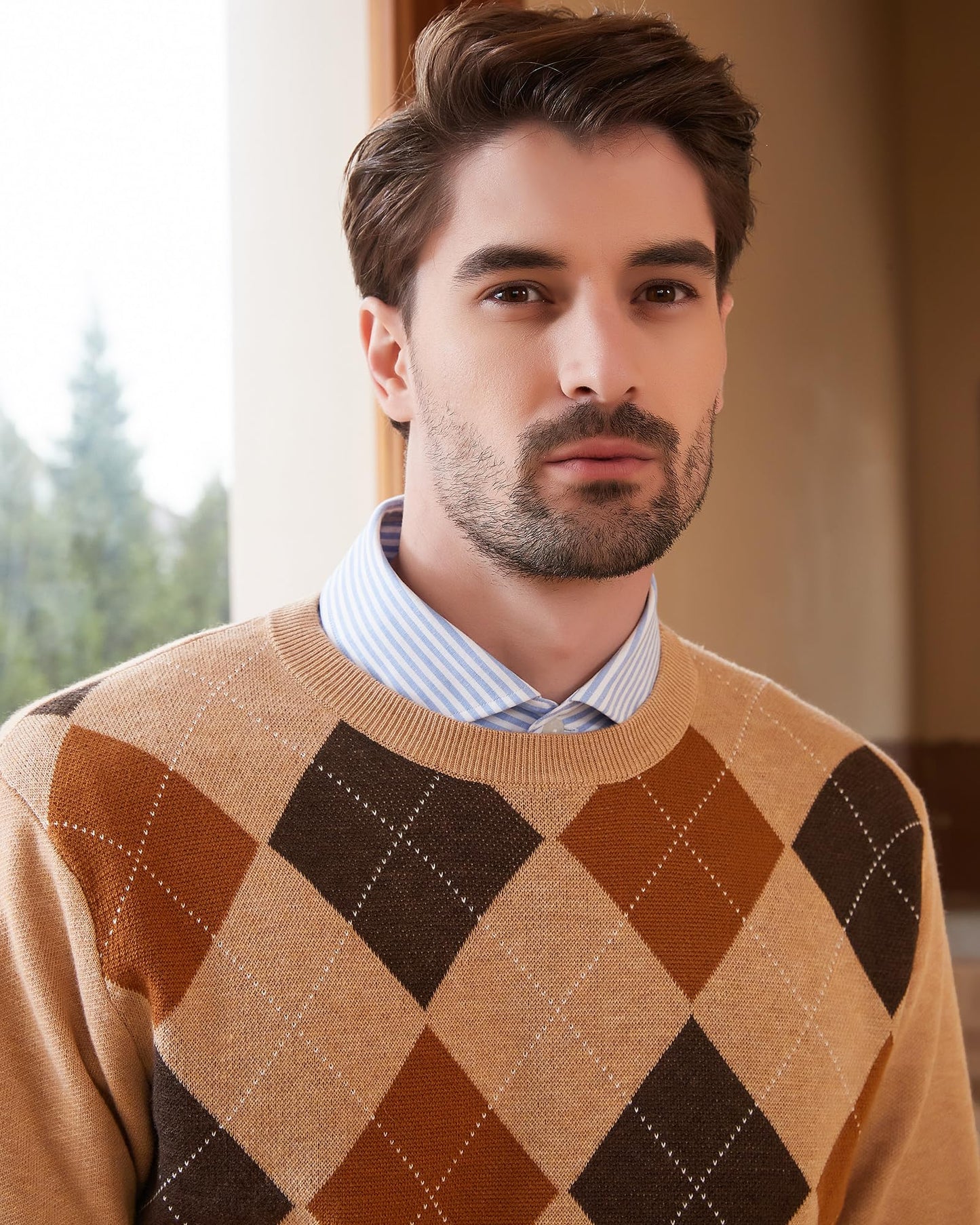 Kallspin Men's Wool Blend Crewneck Sweater Argyle Long Sleeve Pullover Sweater for Casual Or Dressy Wear(Khaki,L-Tall)