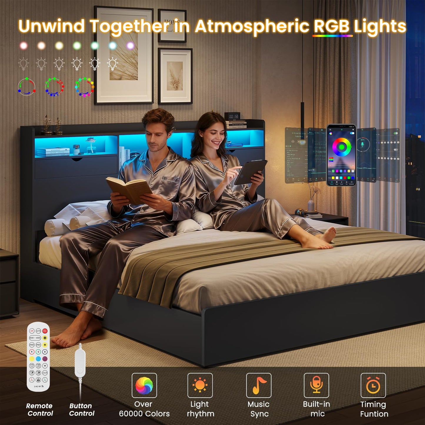 DICTAC California King Bed Frame with Bookcase Headboard and Storage, 4 Large Drawers, Wooden Platform Bed Frame with LED Lights, Charging Station, Strong Metal Slats, No Box Spring Required, No Noise